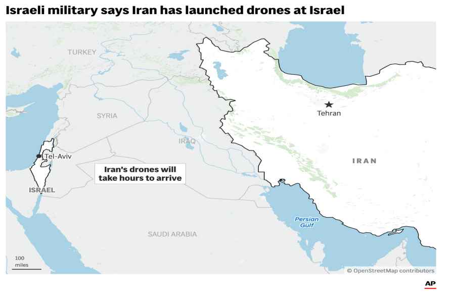 Map locates Israel and Iran after Iran has fired drones